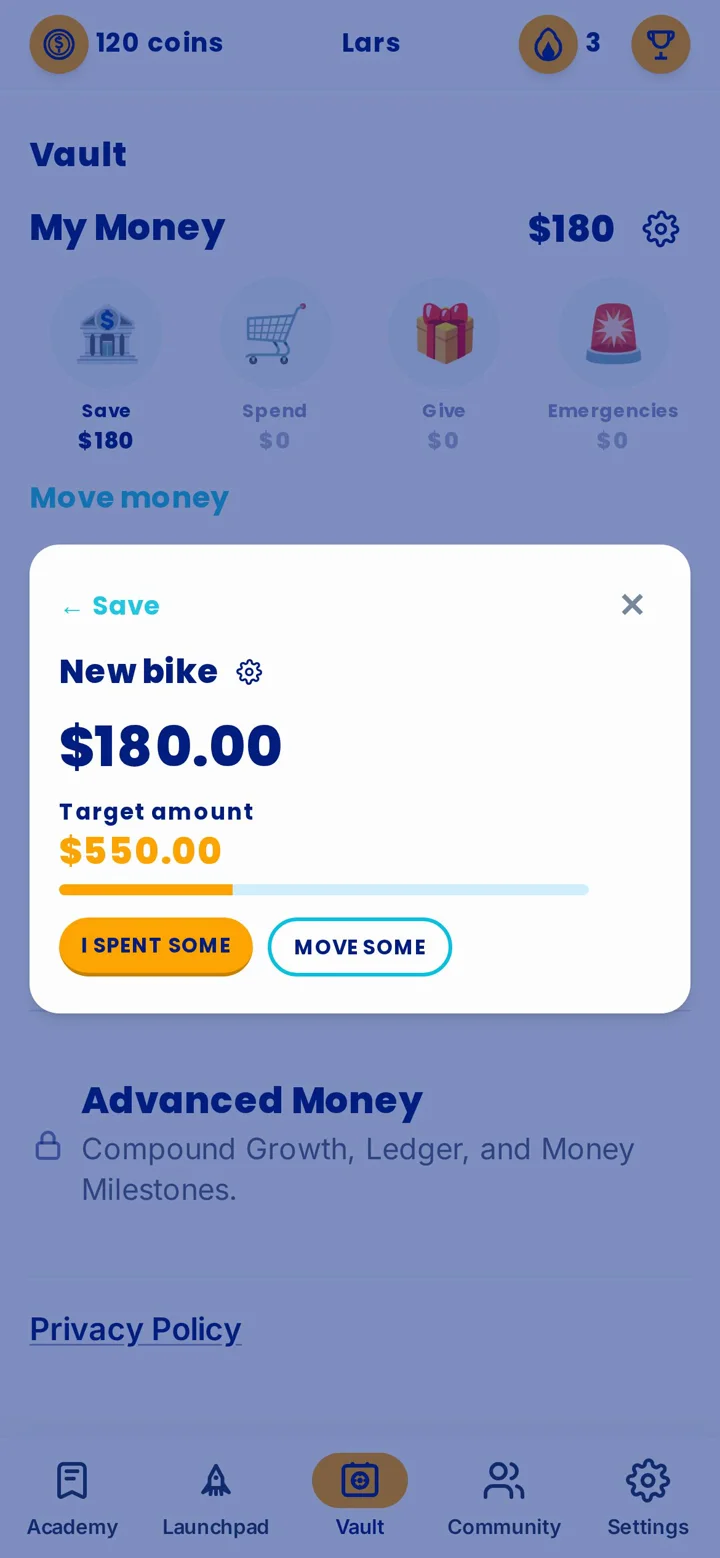 Vault screen with a New bike savings goal